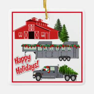 Santa Barn Truck Horse Trailer Christmas Ceramic Ornament