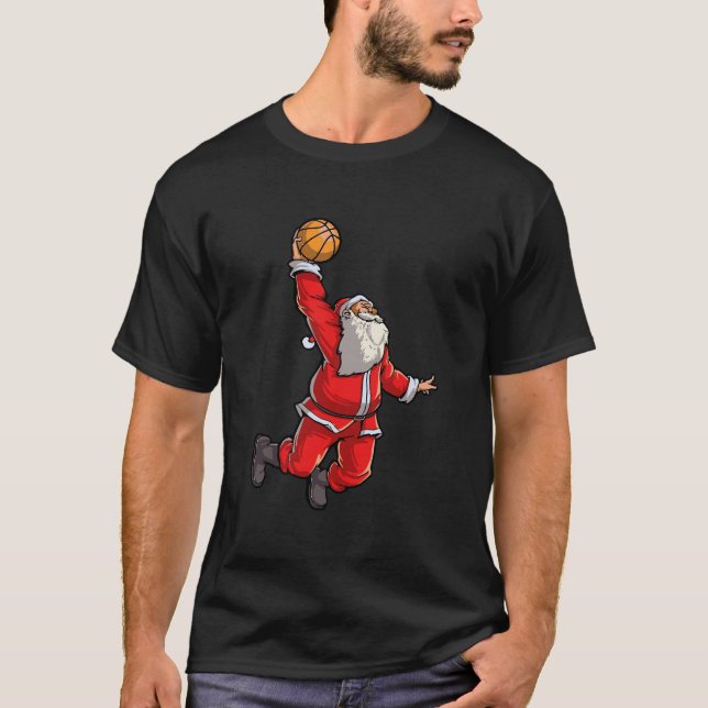 Santa Basketball Flying Dunk Christmas Dunking San T-Shirt (Front)