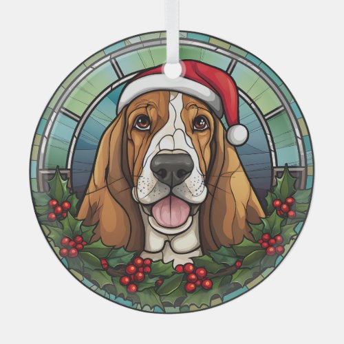 Santa Basset Hound Dog Christmas Stained Glass Ornament