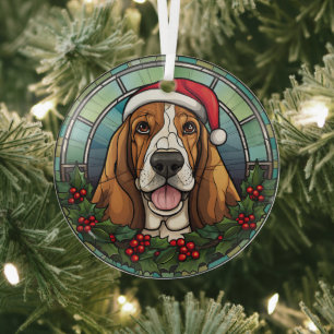 Santa Basset Hound Dog Christmas Stained Glass Ornament
