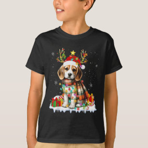 Santa Beagle Christmas Lights Funny Reindeer Dog X T-Shirt
