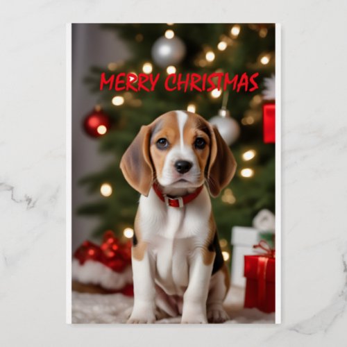 Santa Beagle Cute Dog Merry Christmas Foil Holiday Card