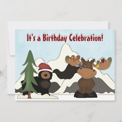 Santa Bear and Holiday Moose Mountain Birthday Invitation