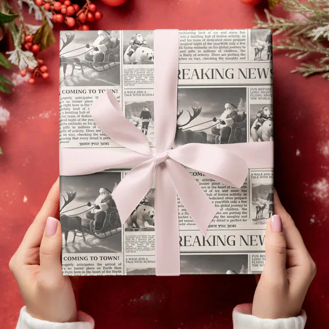 Santa Bear Breaking News Newspaper Christmas Deer Wrapping Paper Zazzle
