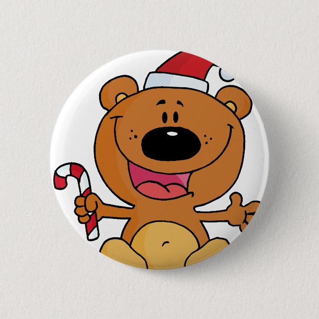 Santa Bear with Candy Cane Pinback Button (Front)