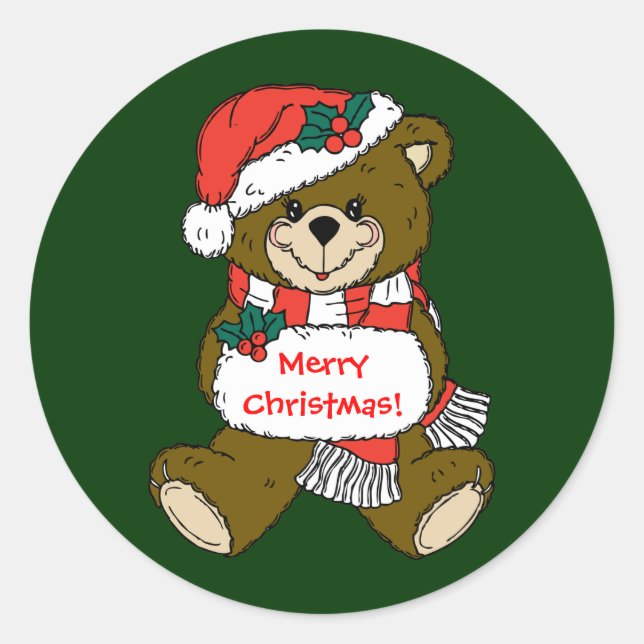 Santa Bear with Hat and Muff Classic Round Sticker (Front)