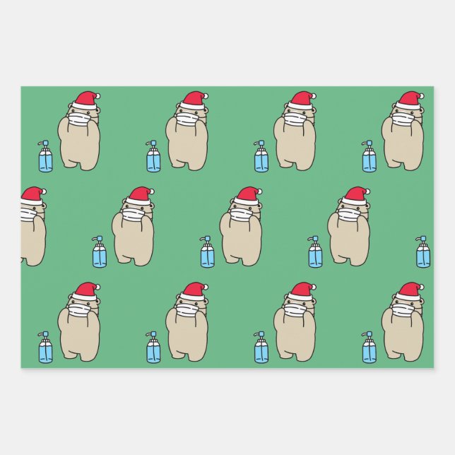 SANTA BEAR WITH MASK AND SANITIZER Wrapping Paper (Front)
