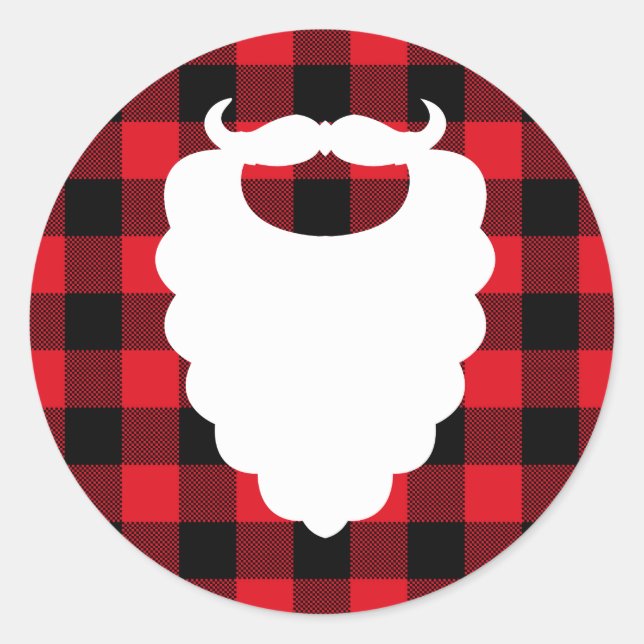 Santa Beard Red Plaid Holiday Classic Round Sticker (Front)