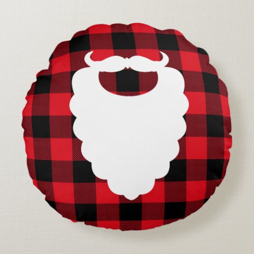 Santa Beard Red Plaid Holiday Round Pillow