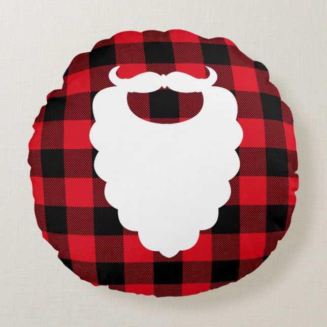 Santa Beard Red Plaid Holiday Round Pillow (Front)