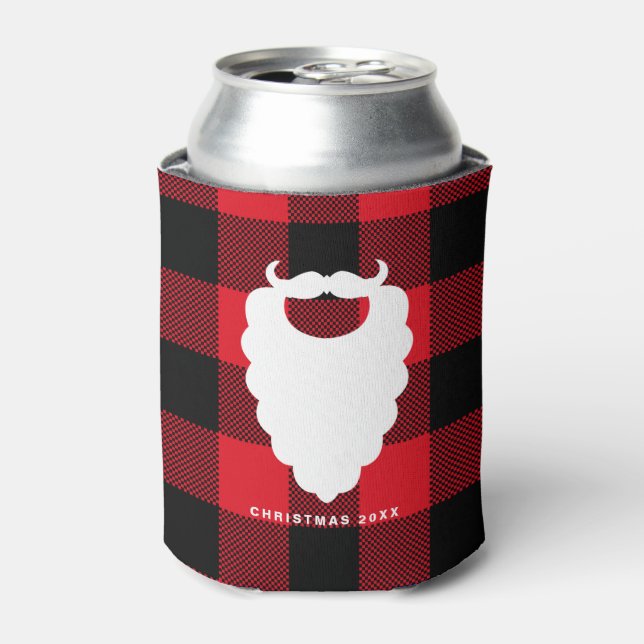 Santa Beard Red Plaid Personalized Holiday Can Cooler (Can Front)