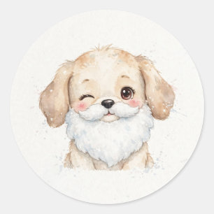 Santa Beard Winking Puppy Classic Round Sticker
