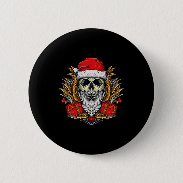Santa Bearded Skull Christmas Pajama Cool Skeleton Button (Front)