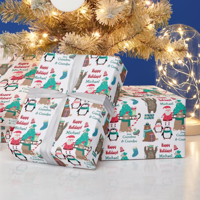Santa, Bears and Penguins Personalized Christmas Wrapping Paper (Holidays)