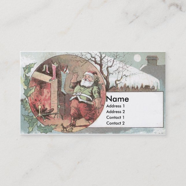 Santa Before the Fireplace Fills Stockings Business Card (Front)