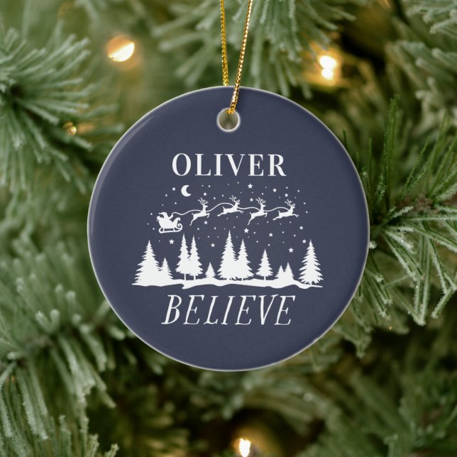 Santa believe Christmas traditional navy photo Ceramic Ornament (Tree)