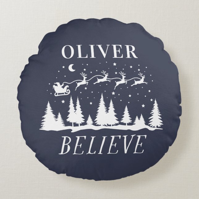 Santa believe Christmas traditional navy photo Round Pillow (Front)