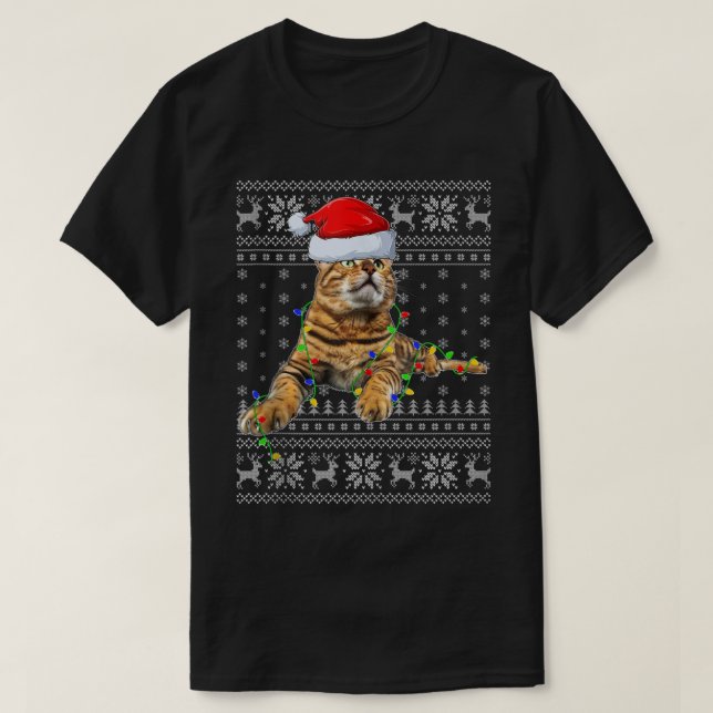 Santa Bengal Cat Xmas Lighting Ugly Bengal Cat T-Shirt (Design Front)