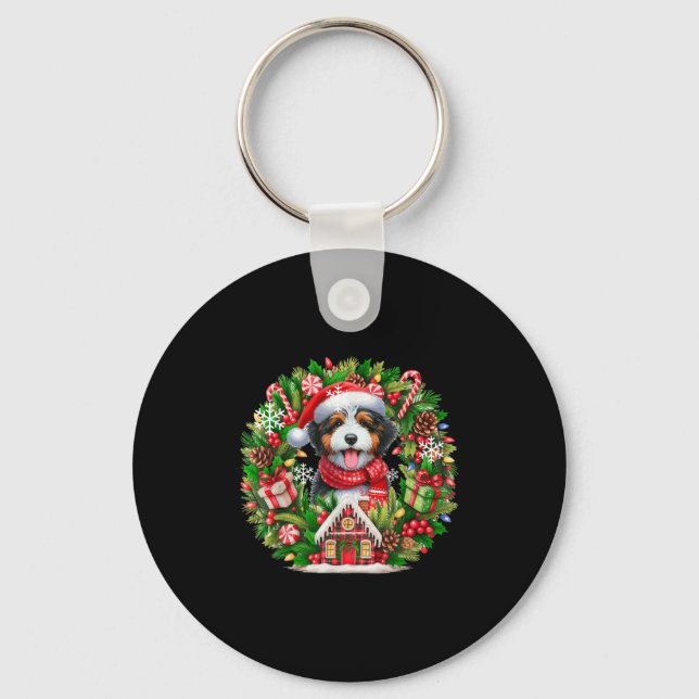Santa Bernedoodle Christmas Floral Circle Owner Ki Keychain (Front)