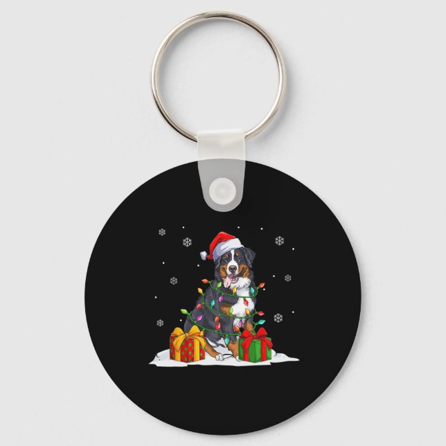 Santa bernese mountain christmas tree lights xmas  keychain (Front)