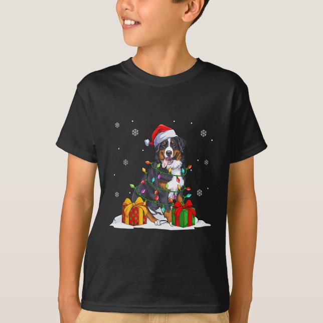 Santa bernese mountain christmas tree lights xmas  T-Shirt (Front)
