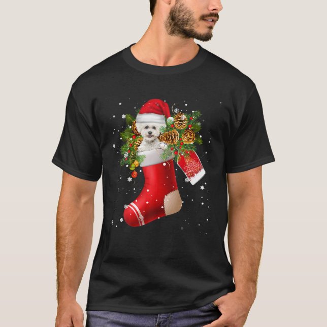 Santa Bichon Frise In Christmas Sock Pajama T-Shirt (Front)