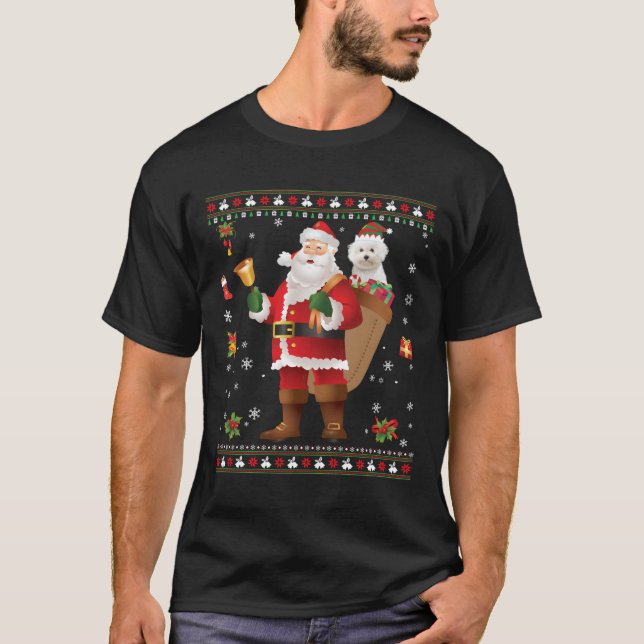 Santa Bichons Frise Dog Present Merry Christmas Sw T-Shirt (Front)