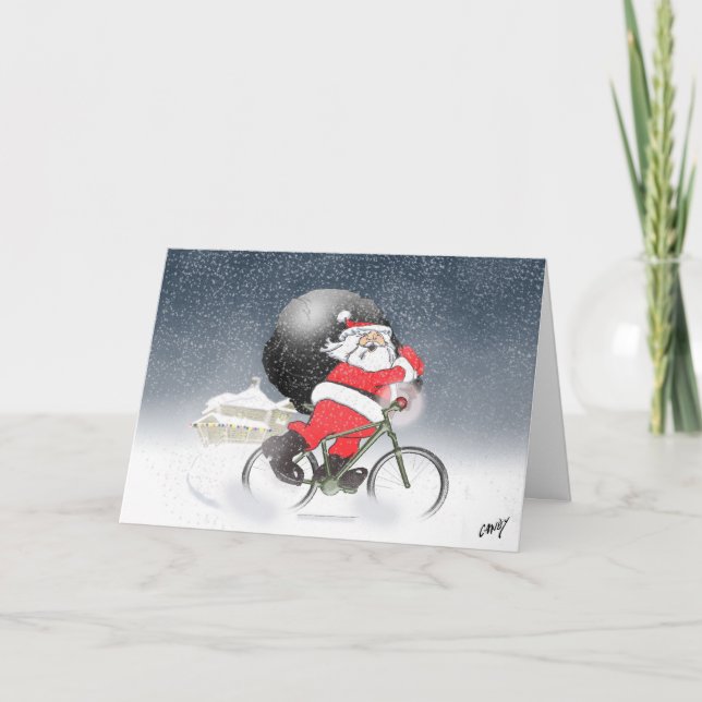 Santa bicycling with his sack in the snow. holiday card (Front)