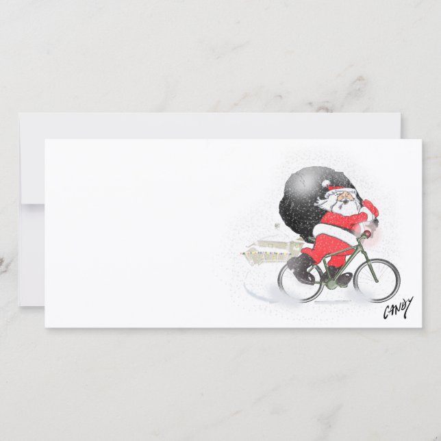 Santa bicycling with his sack in the snow. holiday card (Front)