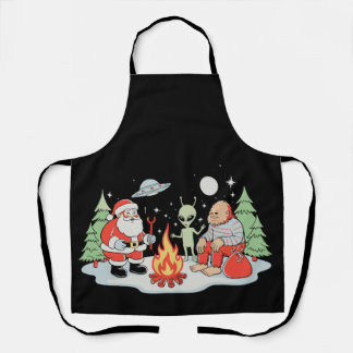 Santa Bigfoot Alien Campfire Christmas Holiday Apron