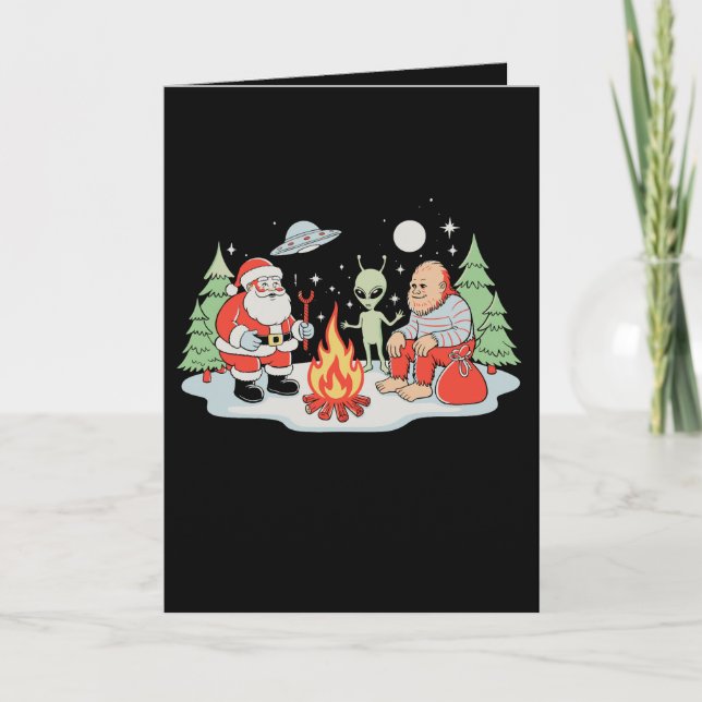 Santa Bigfoot Alien Campfire Christmas Holiday Card (Front)