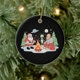 Santa Bigfoot Alien Campfire Christmas Holiday Ceramic Ornament