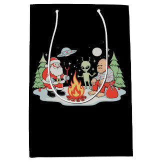 Santa Bigfoot Alien Campfire Christmas Holiday Medium Gift Bag