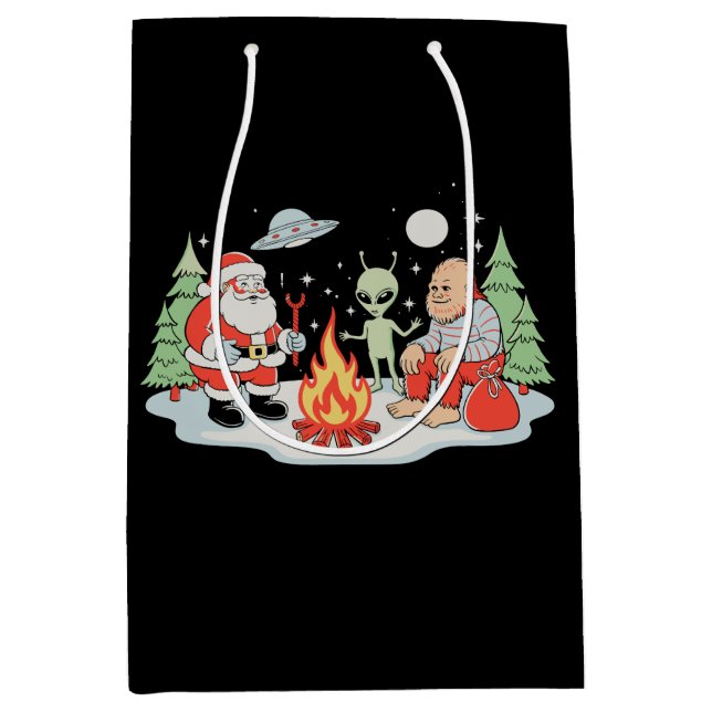 Santa Bigfoot Alien Campfire Christmas Holiday Medium Gift Bag (Front)