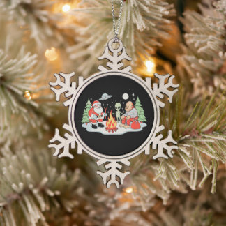 Santa Bigfoot Alien Campfire Christmas Holiday Snowflake Pewter Christmas Ornament