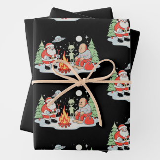 Santa Bigfoot Alien Campfire Christmas Holiday Wrapping Paper Sheets