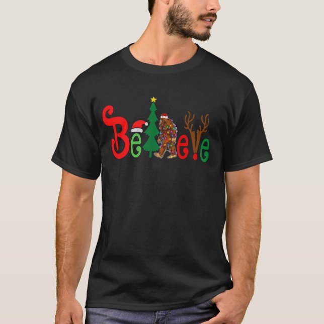 Santa Bigfoot believe Merry Christmas monkey T-Shirt (Front)