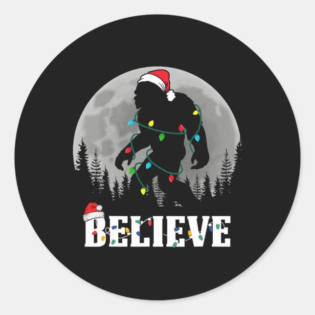 Santa Bigfoot Christmas Lights Funny Sasquatch Bel Classic Round Sticker (Front)