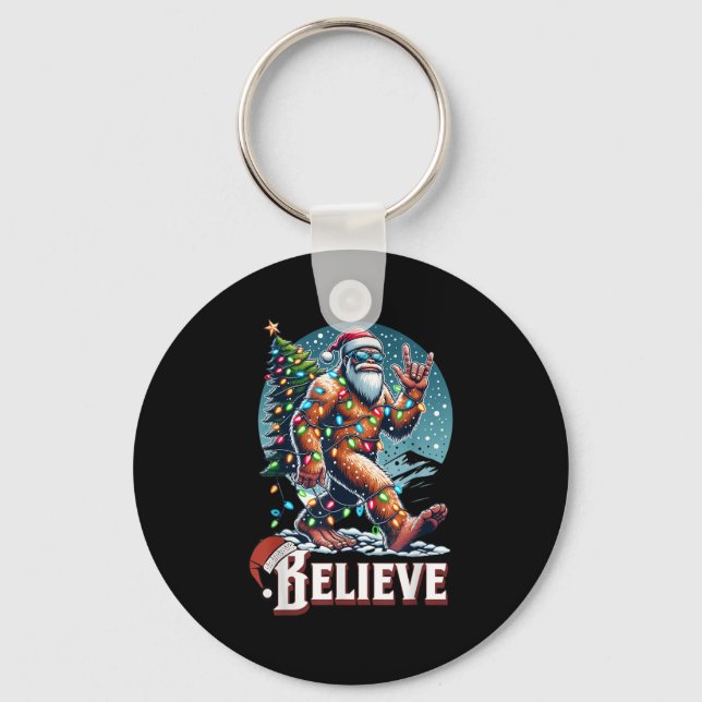 Santa Bigfoot Christmas Lights Funny Sasquatch Bel Keychain (Front)