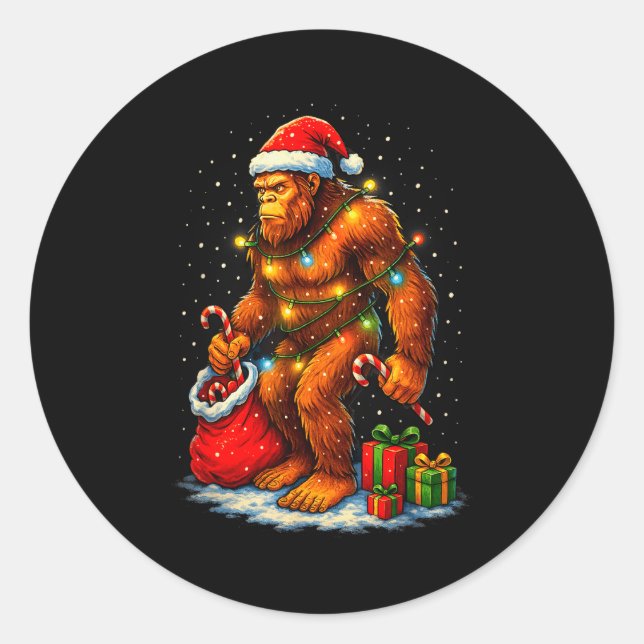 Santa Bigfoot Christmas Lights Funny Sasquatch  Classic Round Sticker (Front)