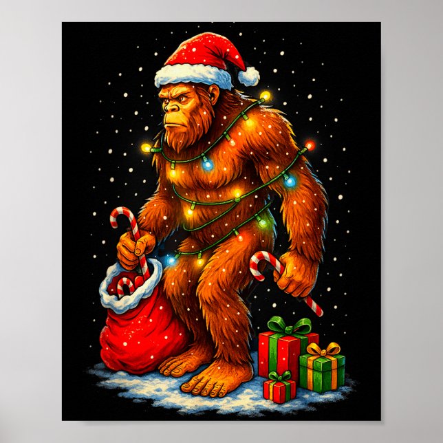 Santa Bigfoot Christmas Lights Funny Sasquatch  Poster (Front)