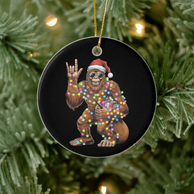 Santa Bigfoot Christmas Lights Rock Funny  Ceramic Ornament (Tree)