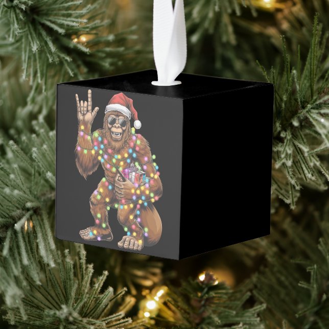 Santa Bigfoot Christmas Lights Rock Funny  Cube Ornament (Tree)