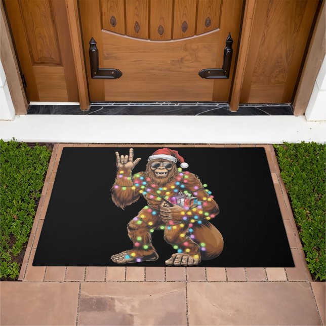 Santa Bigfoot Christmas Lights Rock Funny  Doormat (Outdoor)