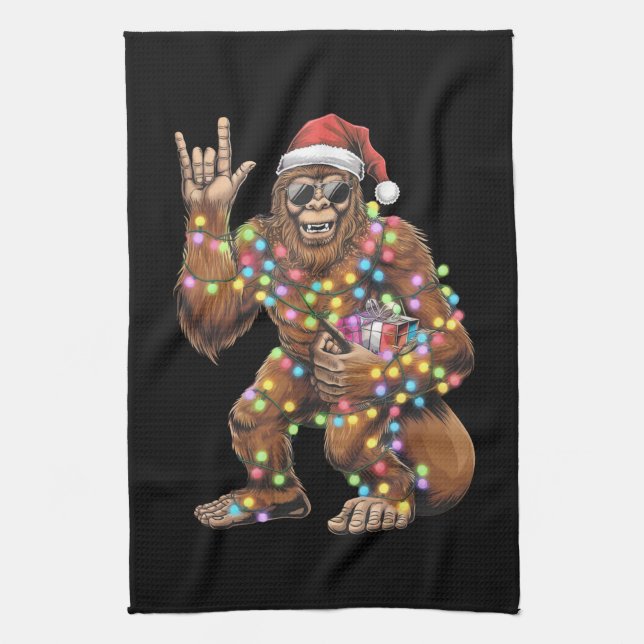 Santa Bigfoot Christmas Lights Rock Funny  Kitchen Towel (Vertical)