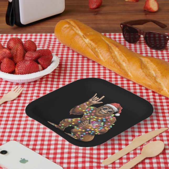 Santa Bigfoot Christmas Lights Rock Funny  Paper Plates (Picnic)