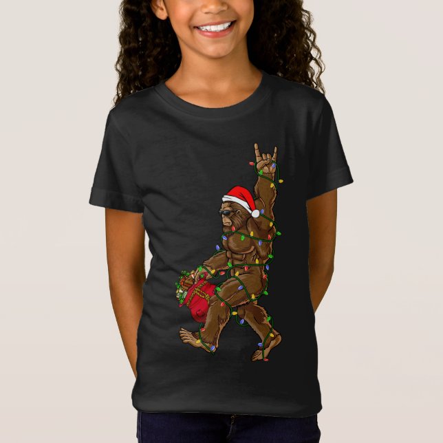 Santa Bigfoot Christmas Lights Rock Funny Sasquatc T-Shirt (Front)