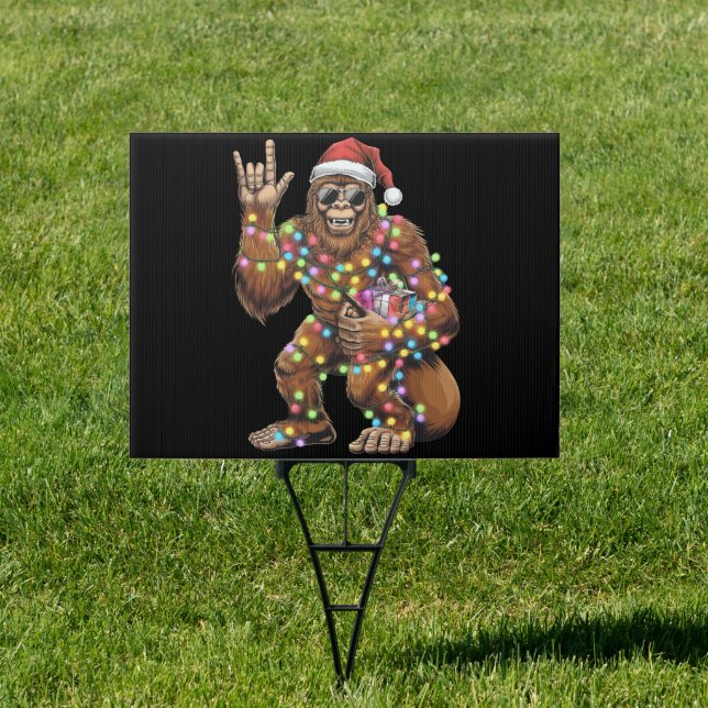 Santa Bigfoot Christmas Lights Rock Funny  Sign (Insitu)