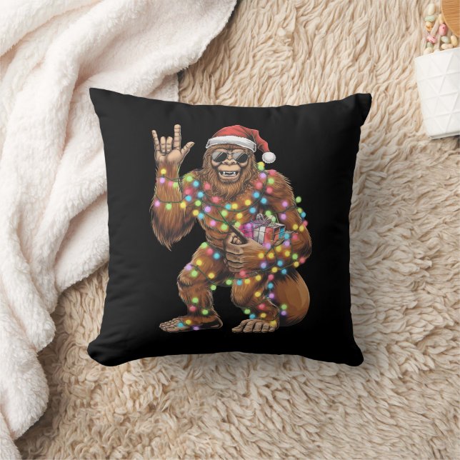 Santa Bigfoot Christmas Lights Rock Funny  Throw Pillow (Blanket)
