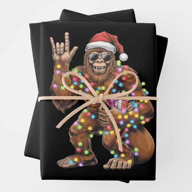 Santa Bigfoot Christmas Lights Rock Funny  Wrapping Paper Sheets (In situ)